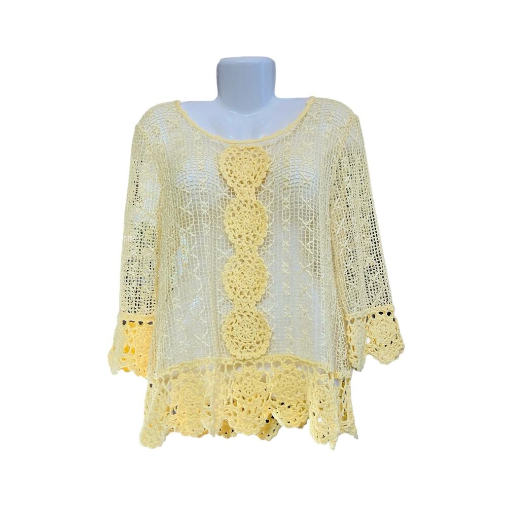 Lisa International Women's Canary Yellow 3/4 Sleeve Crochet Sweater | Size Large